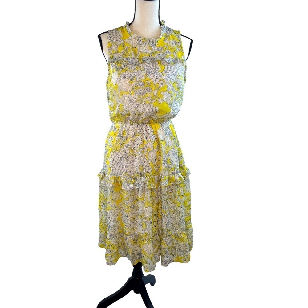 Spring Midi Dress Size Large Yellow Blue White Floral Print Tiers Ruffles Flowy